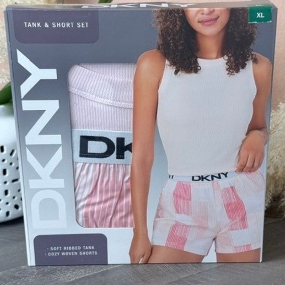 DKNY Womens XL Tank & Shorts Pajama Set Pink Stripe Logo Waistband NIB